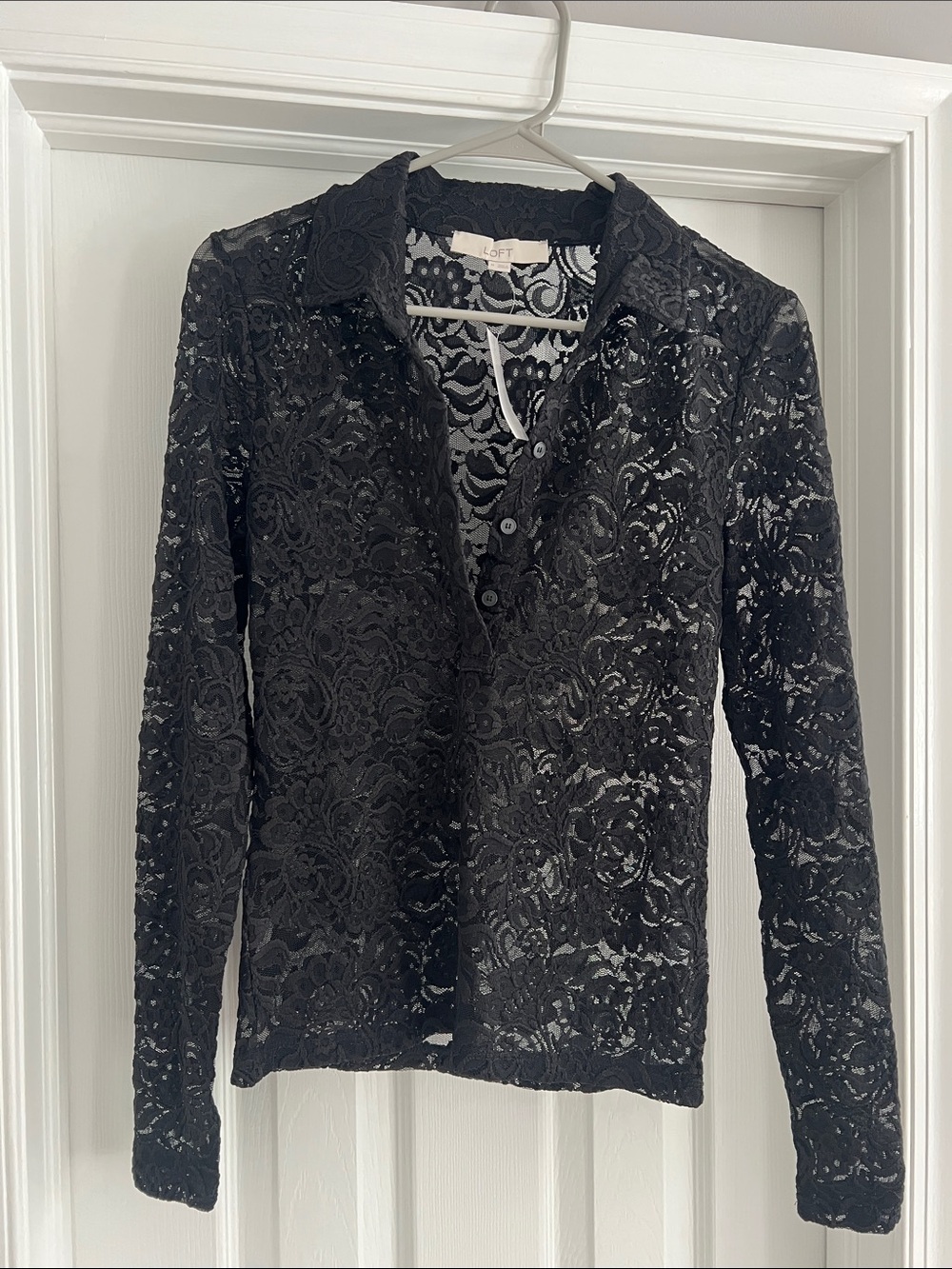 LOFT Black Sheer Floral Lace Button-Up Top